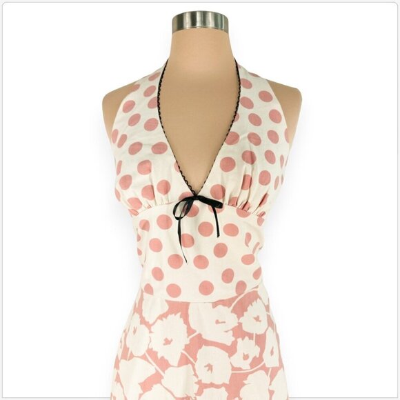 Corey Lynn Calter Ivory White Pink Polka Dot Floral Halter Dress Black Lace 8 - Picture 2 of 4